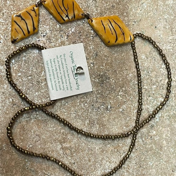 ORGANIC TAGUA NUTS LONG PENDANT ON LEATHER DANGLE NECKLACE GOLD BROWN ARTISAN - Picture 4 of 8